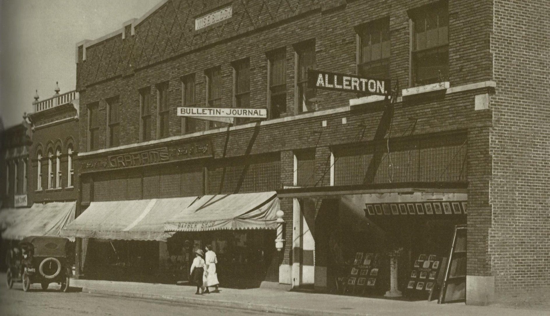 The "Allerton" aka "Iowa Theater" located at 312 1st St. E. Some of the oldest buildings were torn down to make room for the Wise Garage, built in 1914. 2nd floor was Bulletin Journal office. Now home of Hardware Hank.