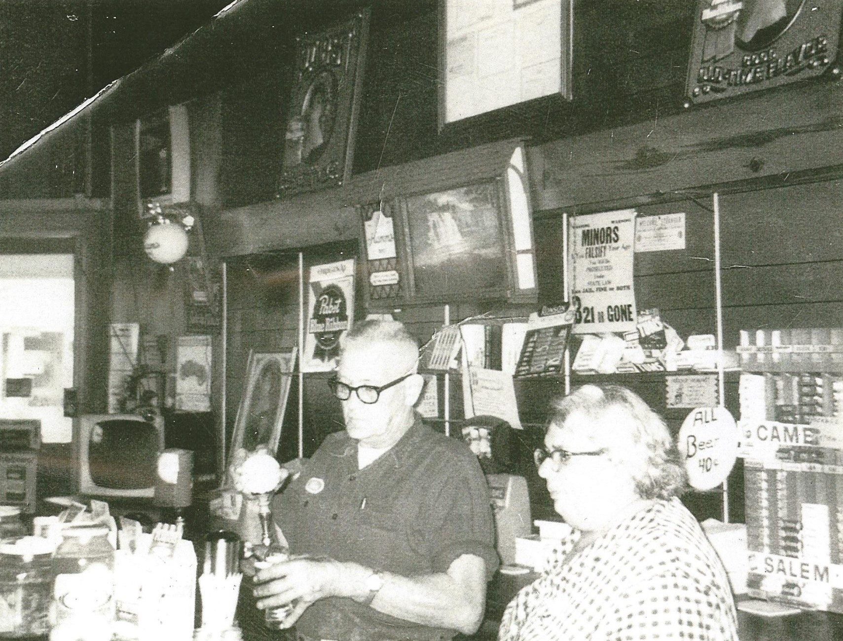 1970 - Riverview Tavern - 1st St E. Mr. & Mrs. Carl Meskimen. 40 cent beer! Now Choung Garden.